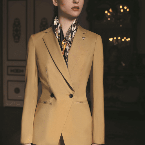 SUIT (11) Sophisticated Coffee Brown Pantsuit for Women – High-End Niche Designer Executive Suit with Peak Lapel & High-Waist Trousers