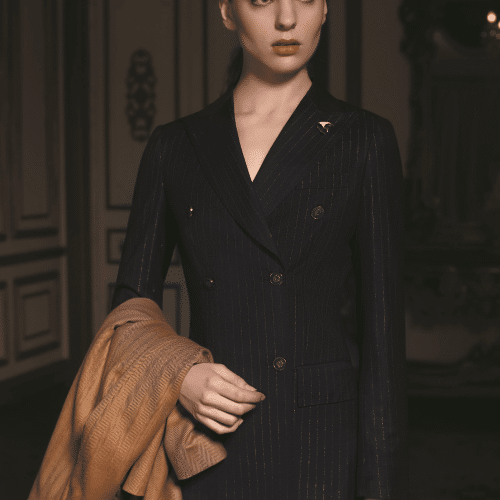 SUIT (19) Sophisticated Western-Style Pinstriped Wool Pantsuit for Women – High-End Corporate Executive & CEO Suit for Year-Round Professional Formalwear