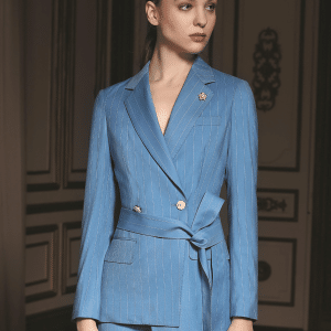 Sophisticated Light Blue Striped Wool Pantsuit for Women – High-End Western Style Corporate Executive & CEO Suit for Year-Round Wear