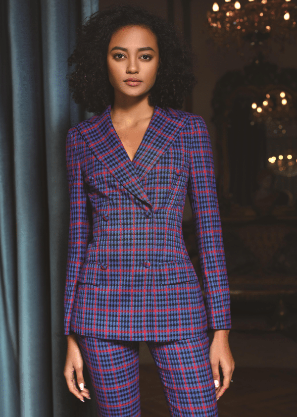 Sophisticated Western-Style Checkered Wool Pantsuit for Women – High-End Double-Breasted High-Waisted Executive Business Suit