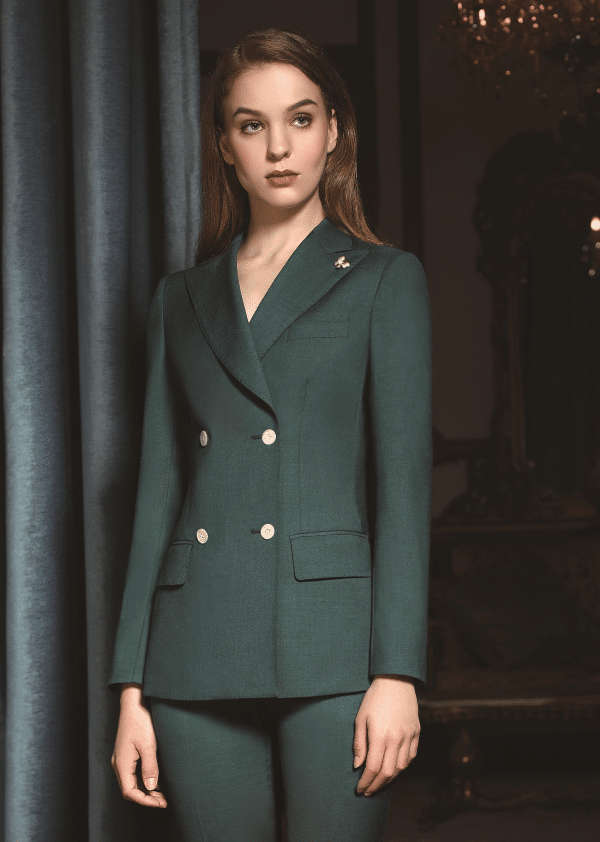 Sophisticated Western-Style Dark Green Wool Pantsuit for Women – High-End Double-Breasted High-Waisted Executive Business Formalwear