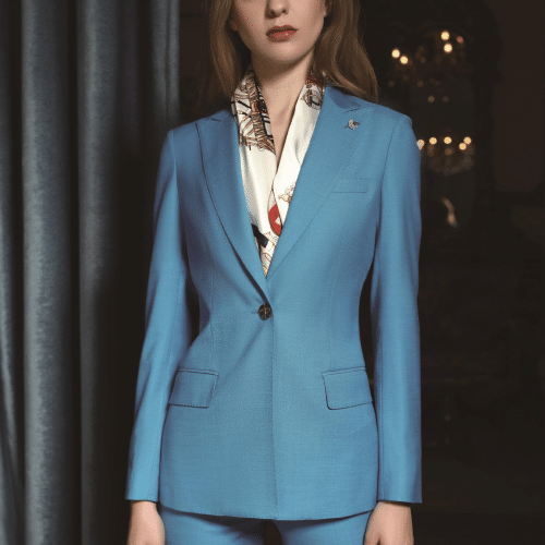 Sophisticated Western-Style Light Blue Wool Pantsuit for Women – High-End Single-Button High-Waisted Executive Business Formalwear