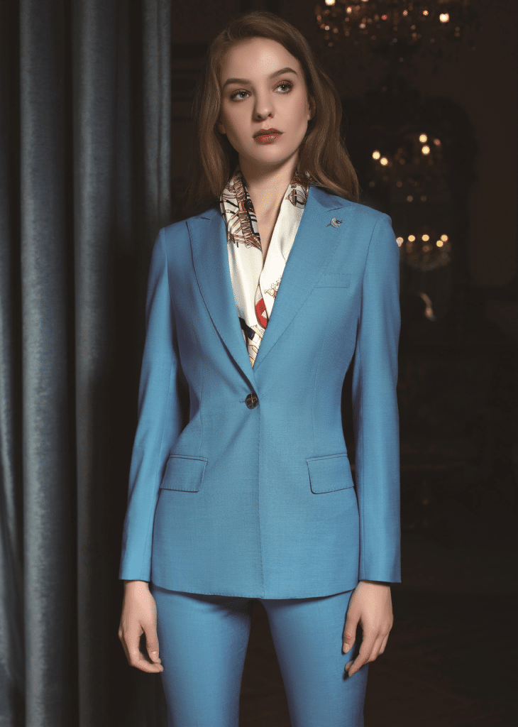 Sophisticated Western-Style Light Blue Wool Pantsuit for Women – High-End Single-Button High-Waisted Executive Business Formalwear