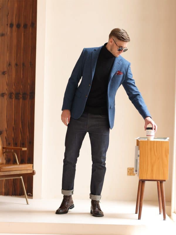 blazer (1) British Yuppie Style Blue Tweed Suit Jacket for Men – High-End Thickened Woolen Casual Blazer for Autumn Winter