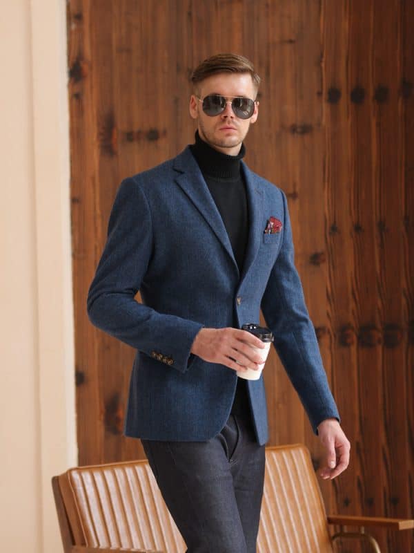 blazer (2) British Yuppie Style Blue Tweed Suit Jacket for Men – High-End Thickened Woolen Casual Blazer for Autumn Winter