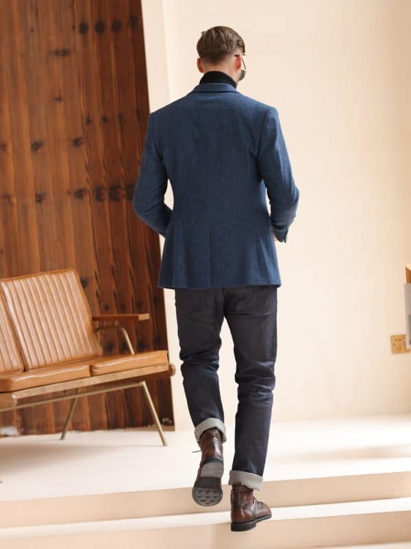blazer (3) British Yuppie Style Blue Tweed Suit Jacket for Men – High-End Thickened Woolen Casual Blazer for Autumn Winter