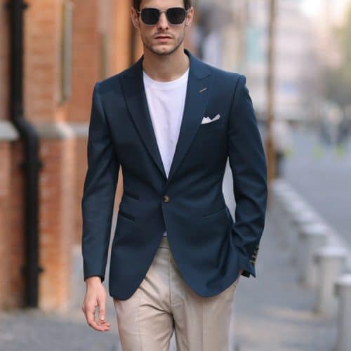 Premium Wool Slim-Fit Men's Blazer – Versatile Solid Blue Business-Casual Jacket