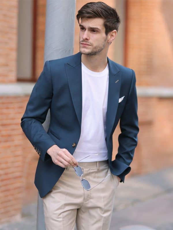 blazer (5) Premium Wool Slim-Fit Men's Blazer – Versatile Solid Blue Business-Casual Jacket