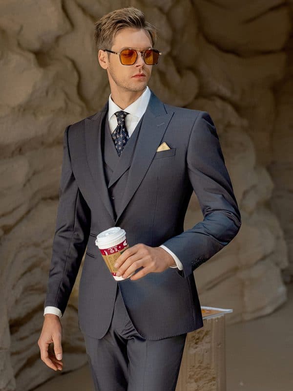suit (1) Premium Men’s Dark Gray Wool Three-Piece Suit | Slim Fit Wedding Suit for Groom, Business & Formal Wear