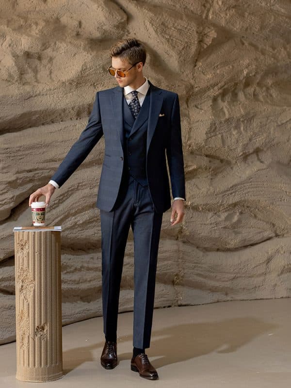 suit (1) Luxury British Style Men’s Wool Three-Piece Suit | Slim Fit Plaid Wedding Suit for Groom, Business & Formal Wear