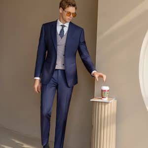 Luxury Bespoke Navy Blue Wool 3-Piece Suit for Men – Sophisticated Slim Fit Groom Wedding & Smart Business Formal Wear