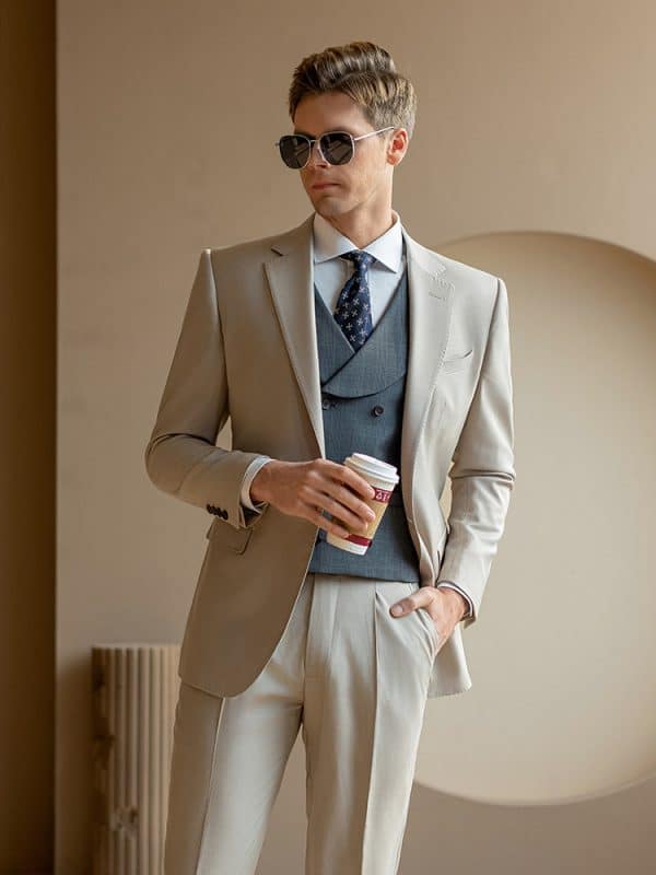 suit (2) Men’s Beige 3-Piece Wool Wedding Suit – Groom’s Formal Business Suit for Spring & Fall