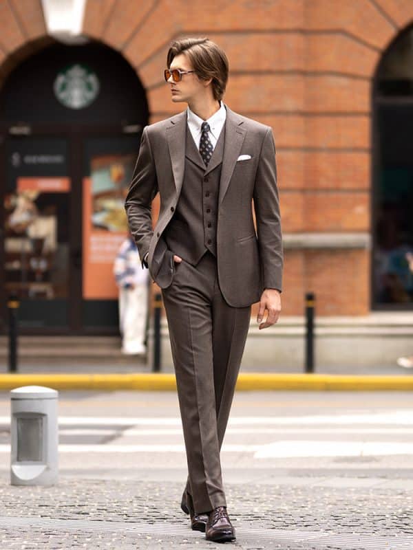 suit (2) Sophisticated British Style Brown Wool 3-Piece Suit for Men – Elegant Slim Fit Groom Wedding & Smart Casual Suit
