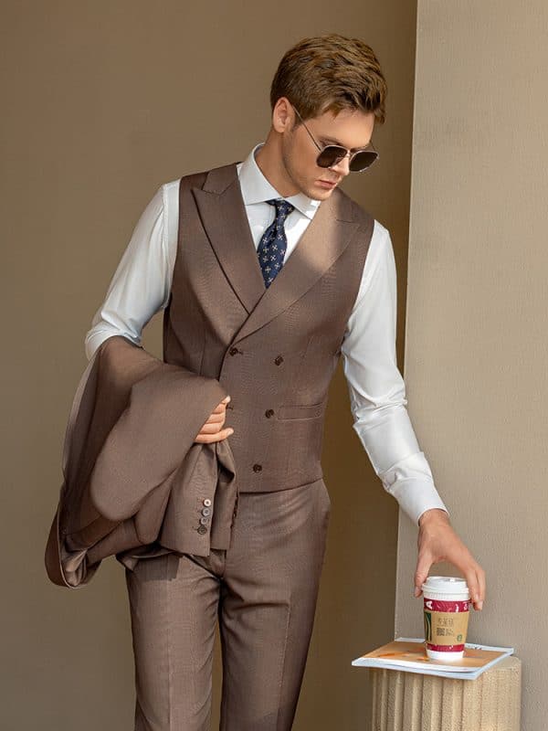 suit (3) Premium Men’s Wool 3-Piece Wedding Suit | Slim Fit Plaid Formal Suit for Groom, Prom & Special Events