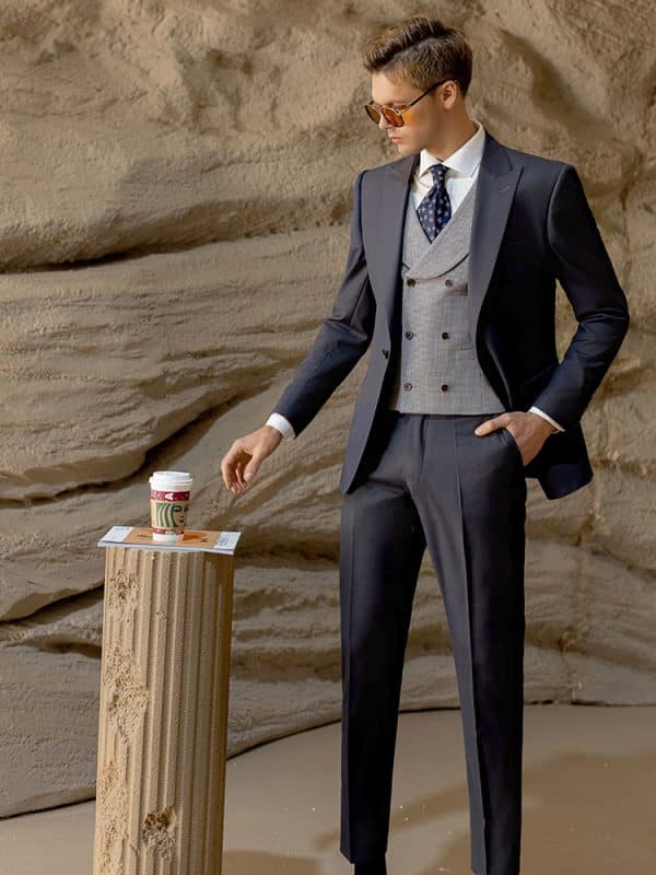 suit (3) Premium Men’s Dark Gray Wool Three-Piece Suit | Slim Fit Wedding Suit for Groom, Business & Formal Wear
