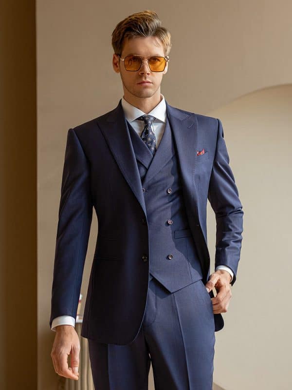 suit (3) Luxury Bespoke Navy Blue Wool 3-Piece Suit for Men – Sophisticated Slim Fit Groom Wedding & Smart Business Formal Wear