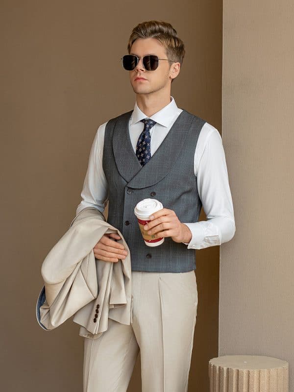 suit (4) Men’s Beige 3-Piece Wool Wedding Suit – Groom’s Formal Business Suit for Spring & Fall