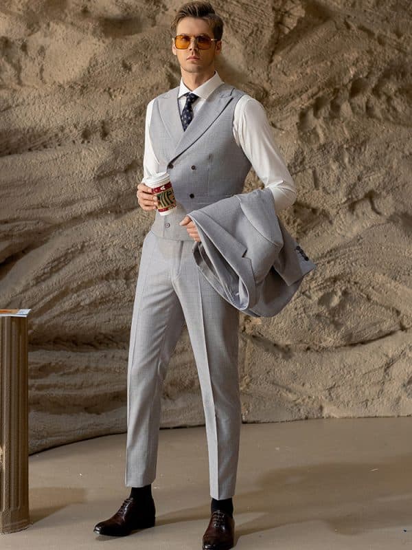 suit (4) Sophisticated Light Grey Wool Suit for Men – High-End Slim Fit Groom Wedding & Smart Business Spring/Autumn Formal Wear