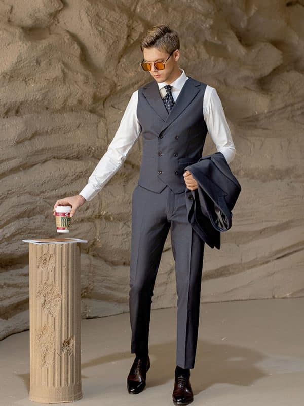suit (4) Premium Men’s Dark Gray Wool Three-Piece Suit | Slim Fit Wedding Suit for Groom, Business & Formal Wear