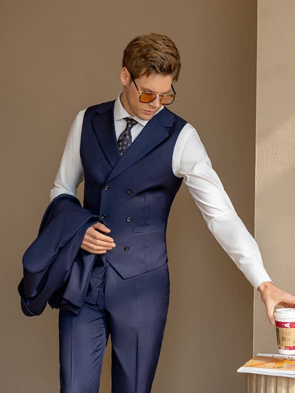 suit (4) Luxury Bespoke Navy Blue Wool 3-Piece Suit for Men – Sophisticated Slim Fit Groom Wedding & Smart Business Formal Wear