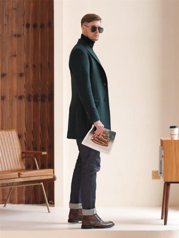 wool coat (1) Korean Hepburn Style Dark Green Cashmere Overcoat for Men – High-End Thickened Mid-Length Winter Woolen Coat