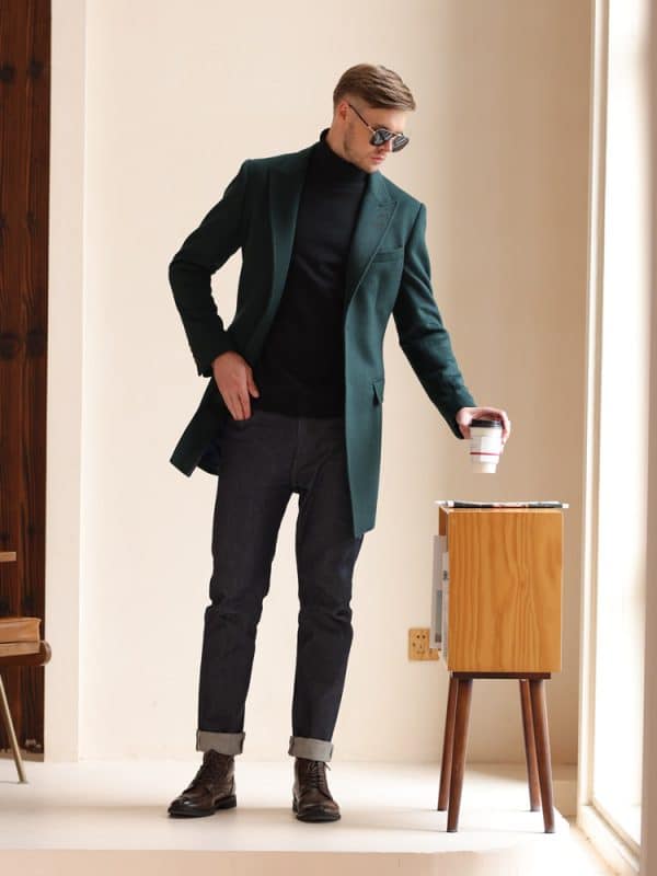 wool coat (2) Korean Hepburn Style Dark Green Cashmere Overcoat for Men – High-End Thickened Mid-Length Winter Woolen Coat