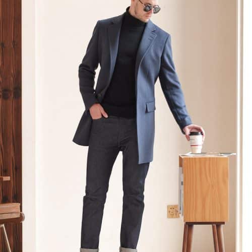 British Style Haze Blue Cashmere Overcoat for Men – Premium Thickened Mid-Length Slim-Fit Winter Woolen Coat