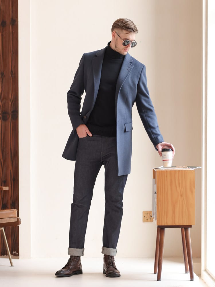 British Style Haze Blue Cashmere Overcoat for Men – Premium Thickened Mid-Length Slim-Fit Winter Woolen Coat