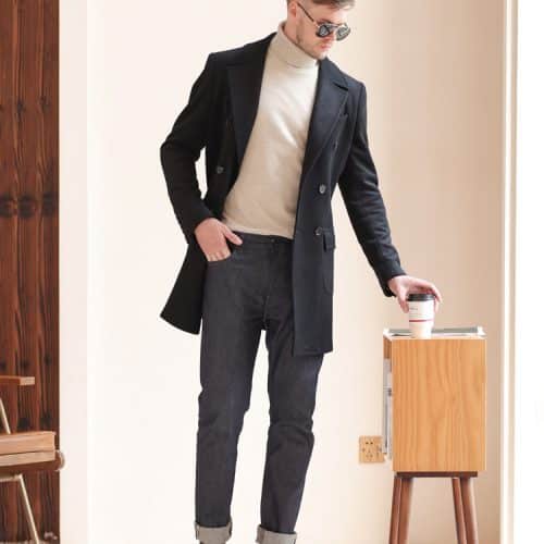 British Yuppie Style Black Double-Breasted Wool Overcoat for Men – New Winter Mid-Length High-End Casual Coat