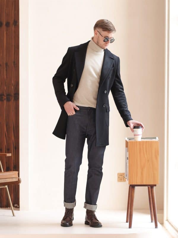 wool coat (4) British Yuppie Style Black Double-Breasted Wool Overcoat for Men – New Winter Mid-Length High-End Casual Coat
