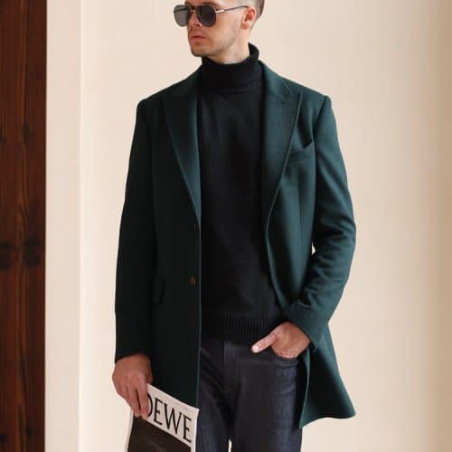 Korean Hepburn Style Dark Green Cashmere Overcoat for Men – High-End Thickened Mid-Length Winter Woolen Coat