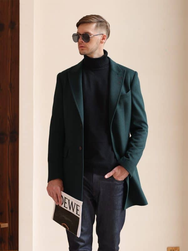 wool coat (4) Korean Hepburn Style Dark Green Cashmere Overcoat for Men – High-End Thickened Mid-Length Winter Woolen Coat