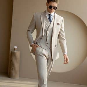 Men’s Beige 3-Piece Wool Wedding Suit – Groom’s Formal Business Suit for Spring & Fall