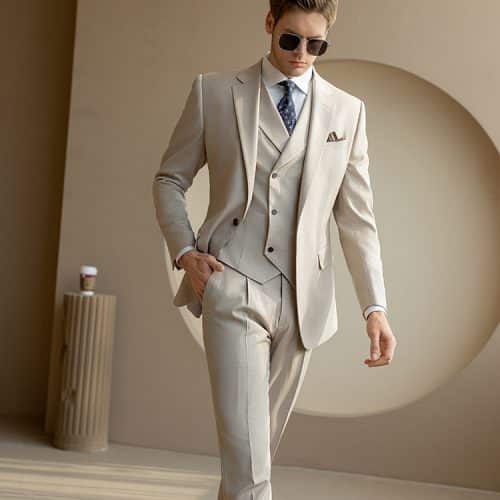主图-01 Men’s Beige 3-Piece Wool Wedding Suit – Groom’s Formal Business Suit for Spring & Fall