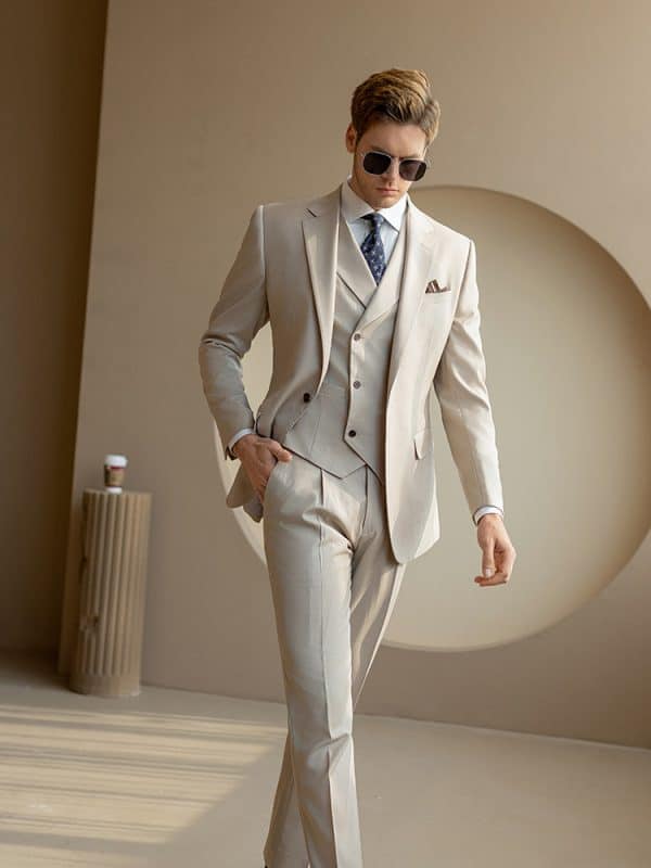 主图-01 Men’s Beige 3-Piece Wool Wedding Suit – Groom’s Formal Business Suit for Spring & Fall